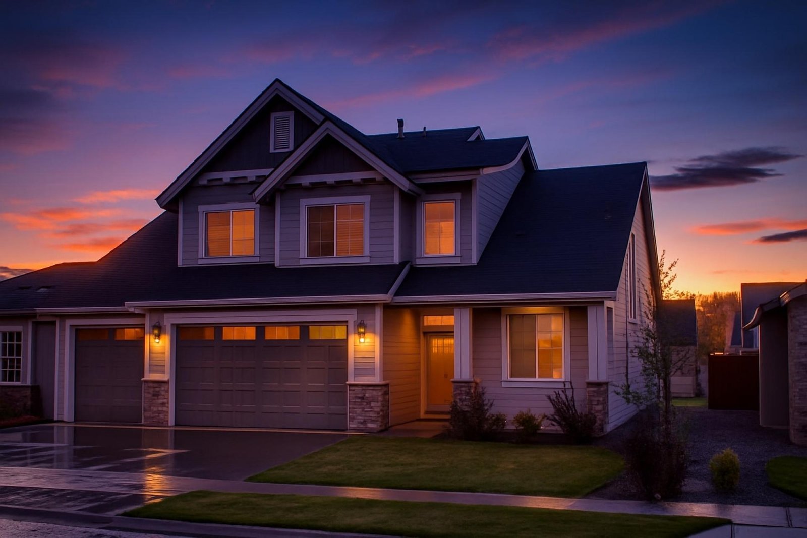 Virtual twilight photograph of a modern two-story home at dusk, showcasing warm interior lights